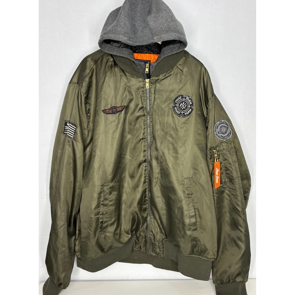 Phat Farm Bomber Jacket Mens Green Hooded Patches Full-Zip‎ Lined 5XL Vintage